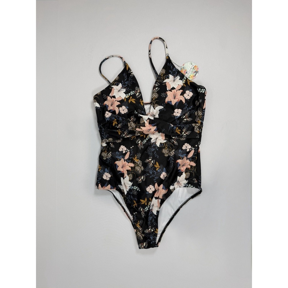 Girls‎ Black Floral One-Piece Swimsuit with Pink & White Flowers Large